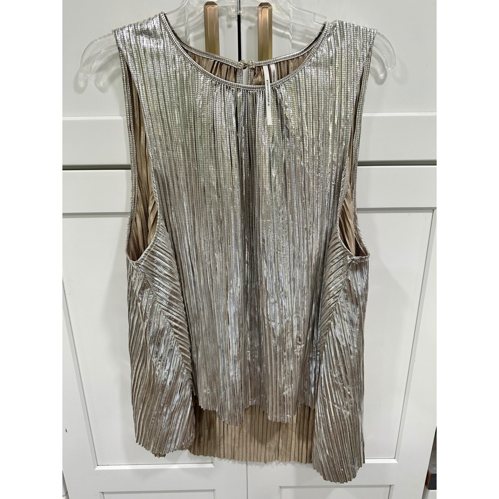 Anthropologie Metallic Silver Pleated Sleeveless High Low Top XL Holiday Party